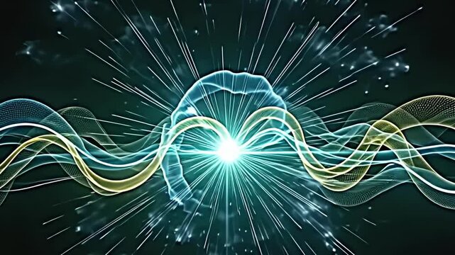 The scene shows an explosion of magnetic force line patterns over a deep green background, where waves of energy ripple and cascade, creating a mesmerizing visual narrative full of vibrant