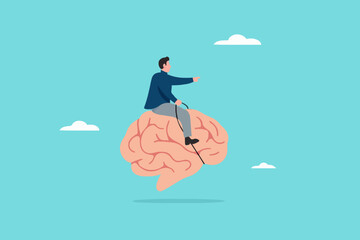 recognize thoughts or emotions, creativity or emotional intelligence, Critical thinking in dealing with various situations, growth mindset concept, businessman riding the human brain control the mind

