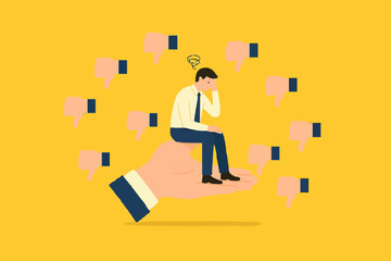 poor work performance illustration with the concept of businessman surrounded by people giving thumbs down, cheerful young man is surrounded by hands with thumbs down, negative opinion concept design