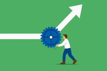 change business management, businessman turn gear cog to manage change direction arrows, professional or expertise to manage company transformation or implement new process concept vector illustration