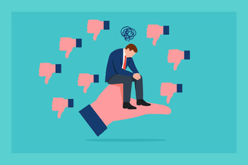poor work performance illustration with the concept of businessman surrounded by people giving thumbs down, cheerful young man is surrounded by hands with thumbs down, negative opinion concept design