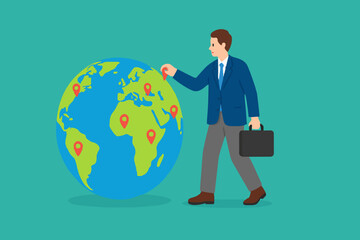Businessman put new branch pin on world map across globe. Global business expansion, open company branches, franchise in new location to cover all continent. growing business worldwide concept design