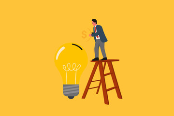 funding new innovative project, investing or VC venture capital to support business startup idea, raising funds to start a business, businessman inserts gold coins into business light bulb idea