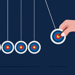 business target achievement as a milestone to achieve the next target, businessman pulling target board with bullseye arrow as e pendulum for milestone the next target