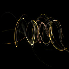 This image is a dark and abstract composition featuring flowing, calligraphic light trails against a completely black background. The luminous lines, primarily in shades of yellow and white, curve and
