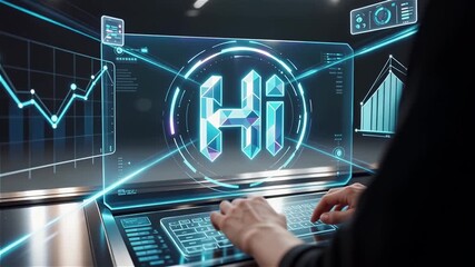 A futuristic interaction with a holographic computer interface displaying the word 'Hi'. - Powered by Adobe
