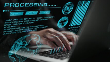 A futuristic scene featuring hands typing on a laptop, surrounded by digital data elements, showcasing modern data processing and analytics in a business context. Cipher - Powered by Adobe