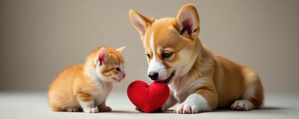 Corgi puppy plays gently with tiny kitten, heart toy , mammal, dog, toy