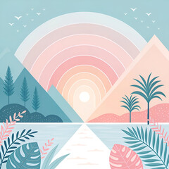 Pastel Paradise: Minimalist Sunset Landscape with Tropical Foliage