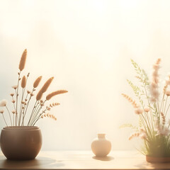 This image showcases a serene and minimalist interior setting, with a focus on dried pampas grass or similar decorative reeds in a vase on a light-colored surface. A warm, diffused light source illumi