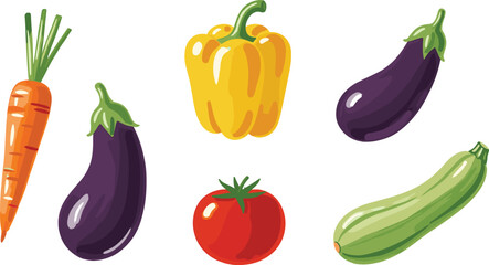 Colorful hand-drawn vegetable illustration set featuring carrot, eggplant, yellow bell pepper, tomato and zucchini in clean modern artistic style