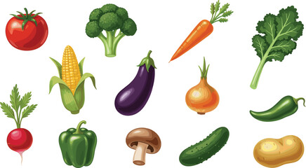 Colorful hand-drawn vegetable illustration set featuring tomato, broccoli, carrot, corn, onion, eggplant, pepper, cucumber, radish, kale and mushroom