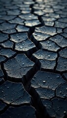 Cracked asphalt, coarse texture, dark grey tones, detail, street