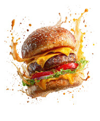 Juicy cheeseburger with melted cheese and a splash of sauce