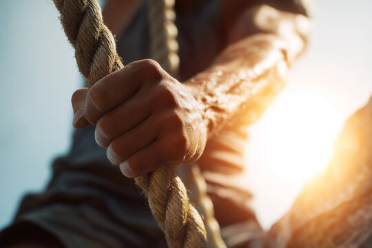 Athlete Climbing Rope in Intense Outdoor Sunlight