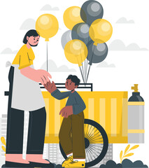 Joyful Balloon Cart Scene A Woman and a Boy Sharing a Moment of Happiness with Balloons