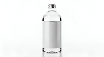 Clear glass bottle with silver cap and blank label on white Keywords: bottle, glass, clear