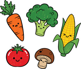 Cute cartoon vegetable characters with happy expressions, kawaii food illustration set featuring carrot, broccoli, tomato, corn and mushroom for design projects