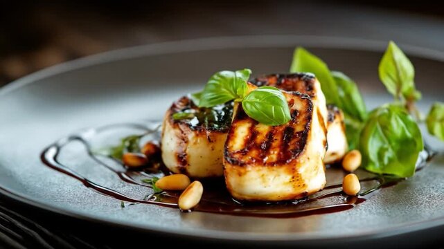 Grilled food with basil and pine nuts gourmet dining delicious meal healthy ingredient cooking presentation fine cuisine appetizer dish