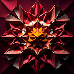 This image is a dramatic and intricate abstract composition featuring a complex, multi-layered geometric structure. It resembles a stylized star, flower, or origami creation, with sharp, overlapping f