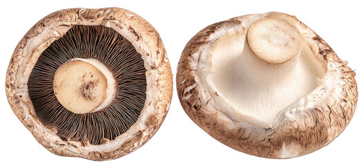 Two portobello mushrooms shown from top and bottom views