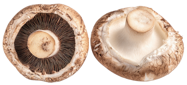 Two portobello mushrooms shown from top and bottom views