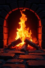 Crackling fire, glowing embers, warm brick surround, yellow, autumn
