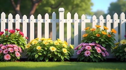 Brightly colored flowers in front of a white picketed fence forming a vivid garden scene with lush blossoms and soft natural light enhancing the vibrant tones and creating a calm decorative atmosphere