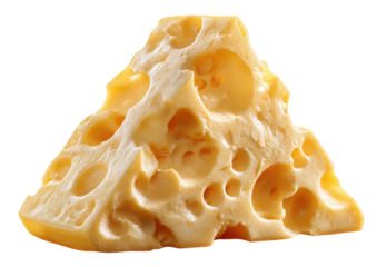 Wedge of yellow cheese with numerous holes, isolated on black