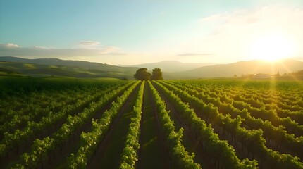 Sun setting over a vineyard field with rows of vines stretching across the landscape illuminated by warm evening light creating a serene agricultural scene with ordered patterns