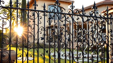 Wrought iron fence with sun shining through it in front of a house creating long shadows and warm light across the structure forming a decorative architectural scene