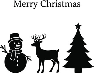 Fototapeta premium Merry Christmas with Snowman, Reindeer, and Christmas Tree Silhouettes