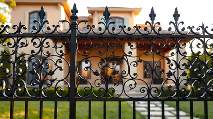 Black iron fence with a house visible behind it showing metal patterns and structural details illuminated by soft daylight forming a quiet outdoor architectural scene in a residential environment