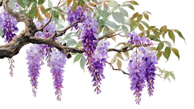 Cascading purple blossoms drape from a gnarled, textured branch