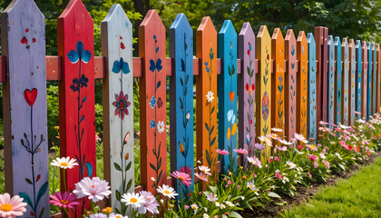 Colorful fence with blooming flowers growing along its surface forming a bright lively outdoor scene where natural plants and decorative wooden panels 