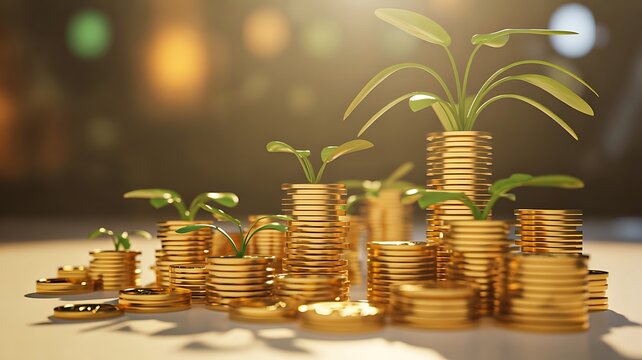 Golden coin stacks with growing plants symbolizing financial growth and investment success
