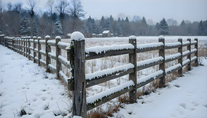 Wooden fence covered in snow positioned near a field under cold daylight forming a peaceful winter landscape with frozen textures and natural quiet surroundings