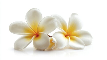 Two delicate white frangipani flowers with soft yellow centers rest close together. Their gentle curves and vibrant colors evoke a sense of tranquility and beauty.