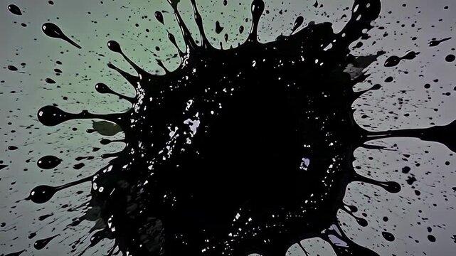 The explode oil stain motion splashes with reckless freedom across a stark green background, painting fleeting shapes of dark expression.