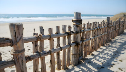Wooden fence on a sandy beach beside the ocean with weathered planks and gentle coastal waves creating a serene shoreline atmosphere under soft natural light