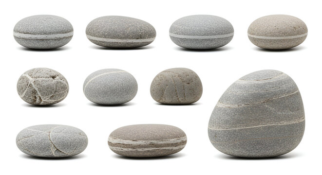 Collection of smooth grey and beige striped pebbles on white
