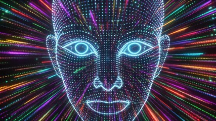 Abstract representation of a digital identity, an AI persona formed by glowing particles against a backdrop of radiant light trails - Powered by Adobe