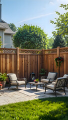 Patio with chairs and a table in a quiet yard surrounded by plants forming a comfortable outdoor area ideal for rest relaxation and enjoying natural light throughout the day