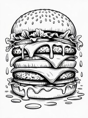 Detailed line art of a double cheeseburger with dripping cheese and sesame seed bun on white