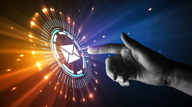 Digital email icon with hand touch interaction in glowing futuristic communication interface
