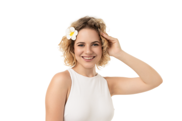 Young woman showcases joy in skin care, isolated on white, PNG