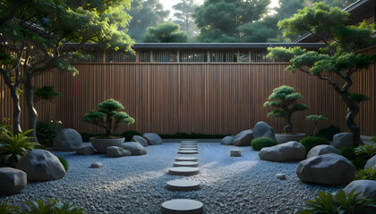 Stone path running through a peaceful rock garden surrounded by shaped stones greenery and soft natural light creating a quiet serene outdoor space