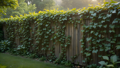 Fence covered in dense vines forming a natural textured surface with intertwining leaves creating a lush green outdoor backdrop filled with organic shapes and soft daylight