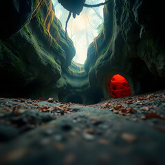 This image depicts a mysterious and atmospheric natural cave or canyon, with towering, moss-covered rock walls narrowing towards a distant light source. The foreground is a rocky, debris-strewn ground