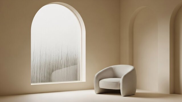 アースカラーのミニマルな空間、アーチ型の窓と丸みを帯びた椅子が調和した、静かで落ち着いた雰囲気のインテリア。